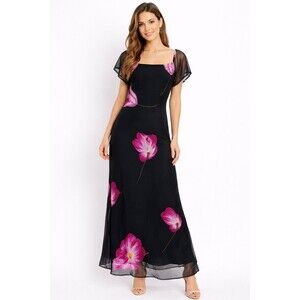 Papell Studio Black Floral Chiffon Maxi Dress Beaded Short Aleeve Size 8/10